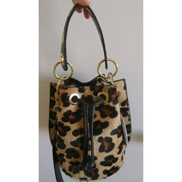 NWT Antonella Ferrante Leopard Print Leather Bucket Bag Removable Chain Strap - Picture 4 of 11